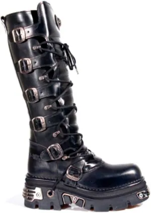 New Rock Newrock 272 Metallic Black Goth Knee High Zip Boot Leather Buckle Boots