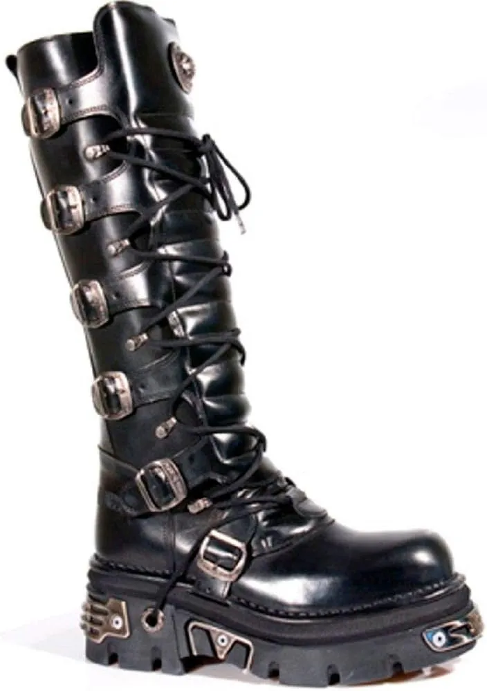 New Rock Newrock 272 Metallic Black Goth Knee High Zip Boot Leather Buckle Boots
