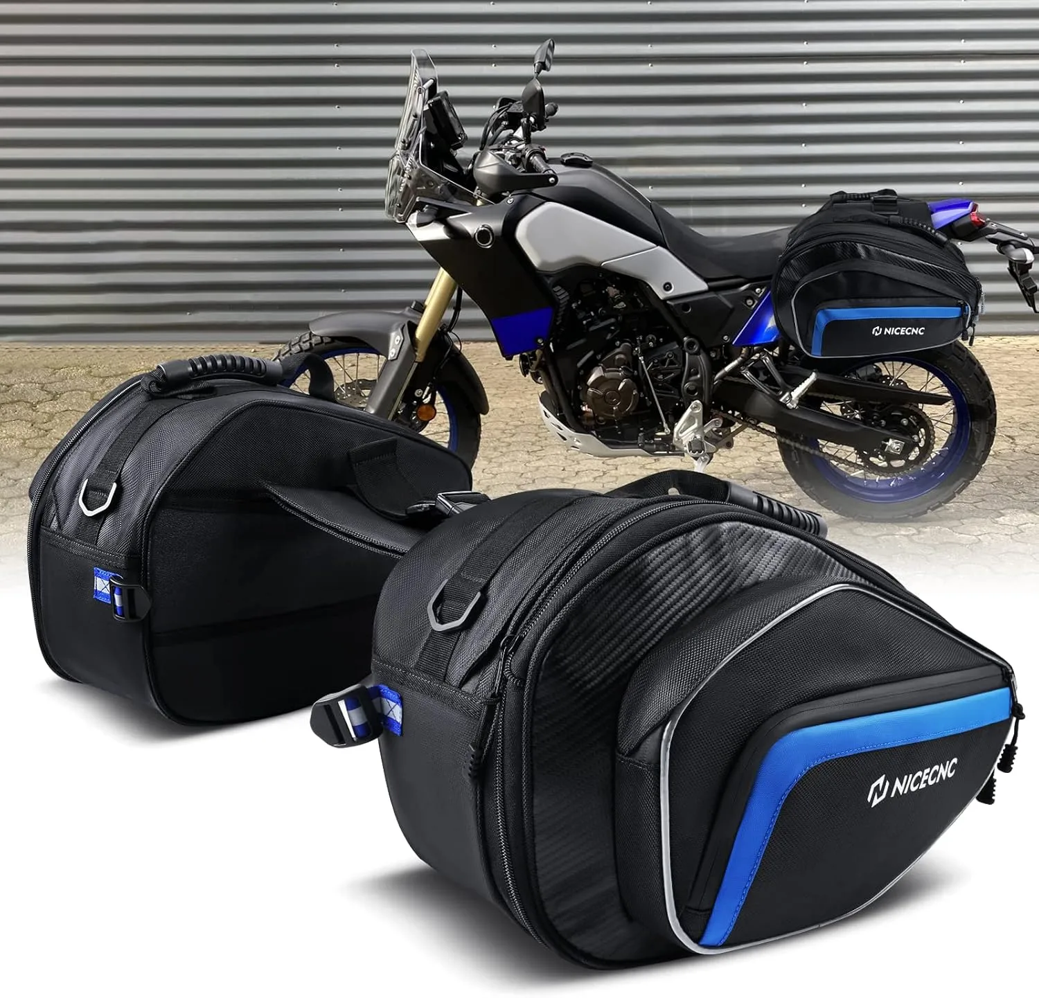 NICECNC Motorcycle Saddlebags, 50L Side Travel Luggage Saddle Bags Motorcycles Soft Panniers Bags Throw Over Bags Compatible with Harley Honda Suzuki Yamaha Adventure Street Glide Dual Sport Blue