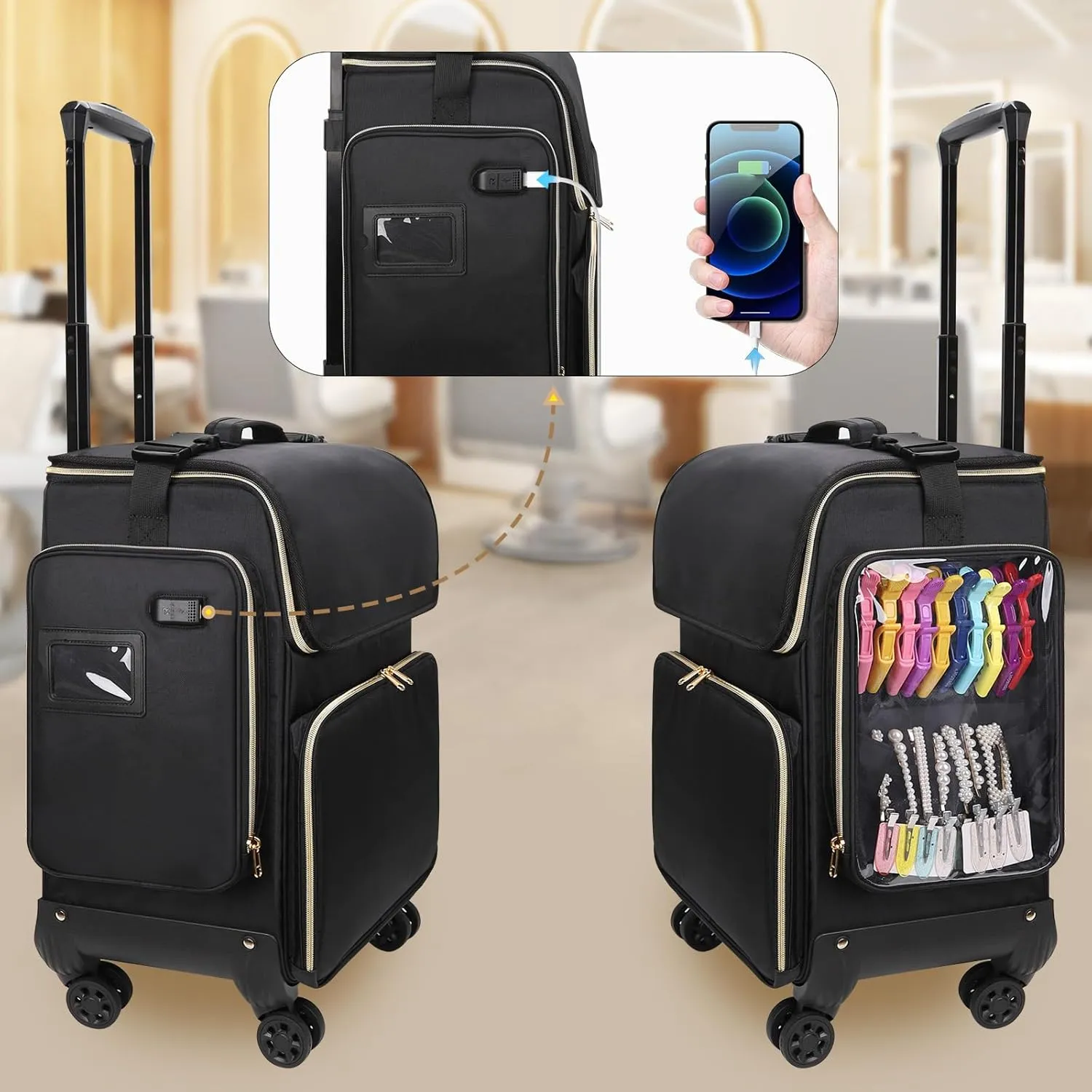 OCHEAL Hairstylist Traveling Case - 360° Rotatable Wheels, Heat Insulation Cosmetic Makeup Trolley Train Case for Hairstylists Hairdressers, Detachable Pouch, Hairdressing Tool Organizer