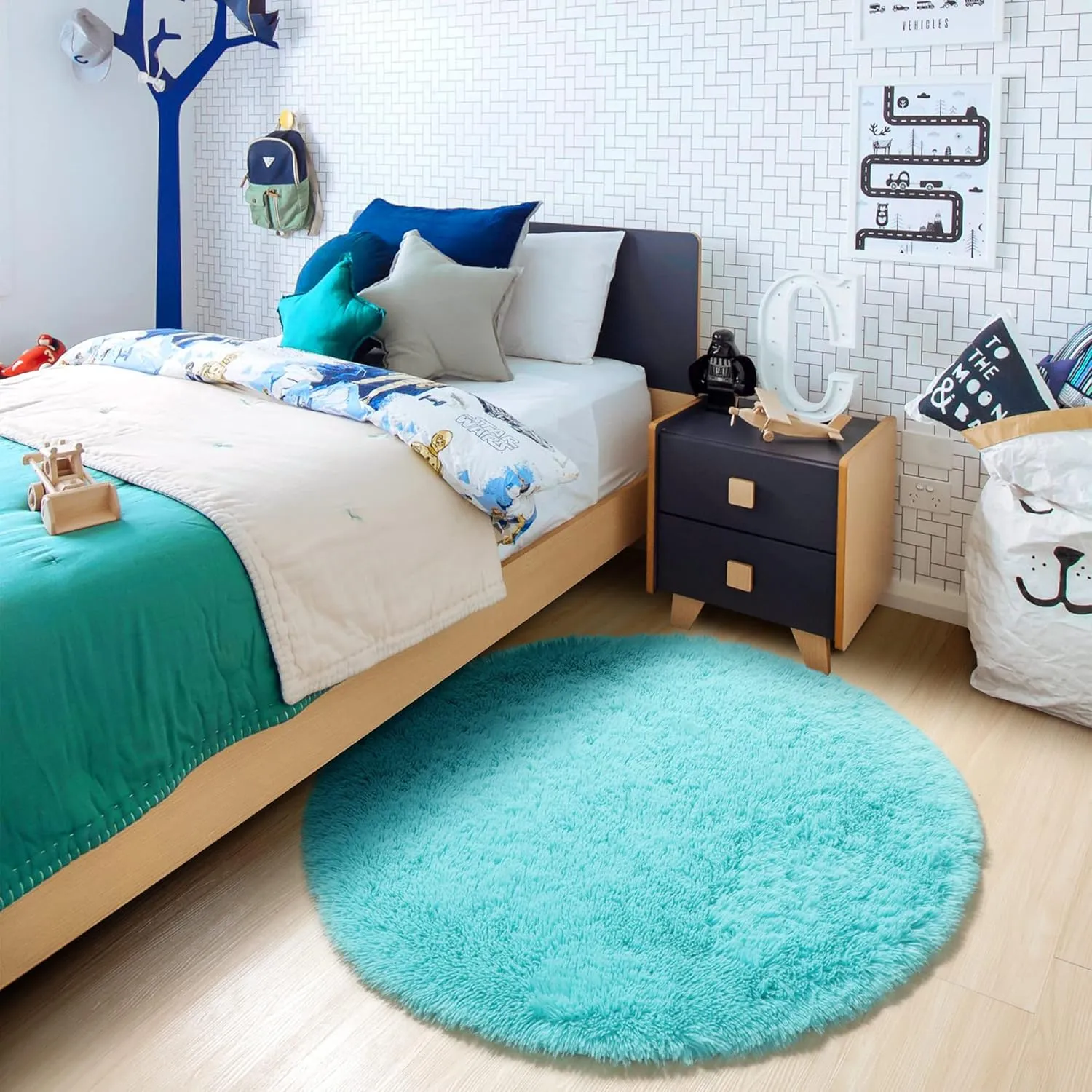 ONASAR Blue Round Area Rug 4ft, Soft Bedroom Circle Rugs Floor Mats for Kids Girls Teen Room, Cute Fluffy Plush Shaggy Carpet for Baby Nursery Living Room Playroom Dorm Home Decor