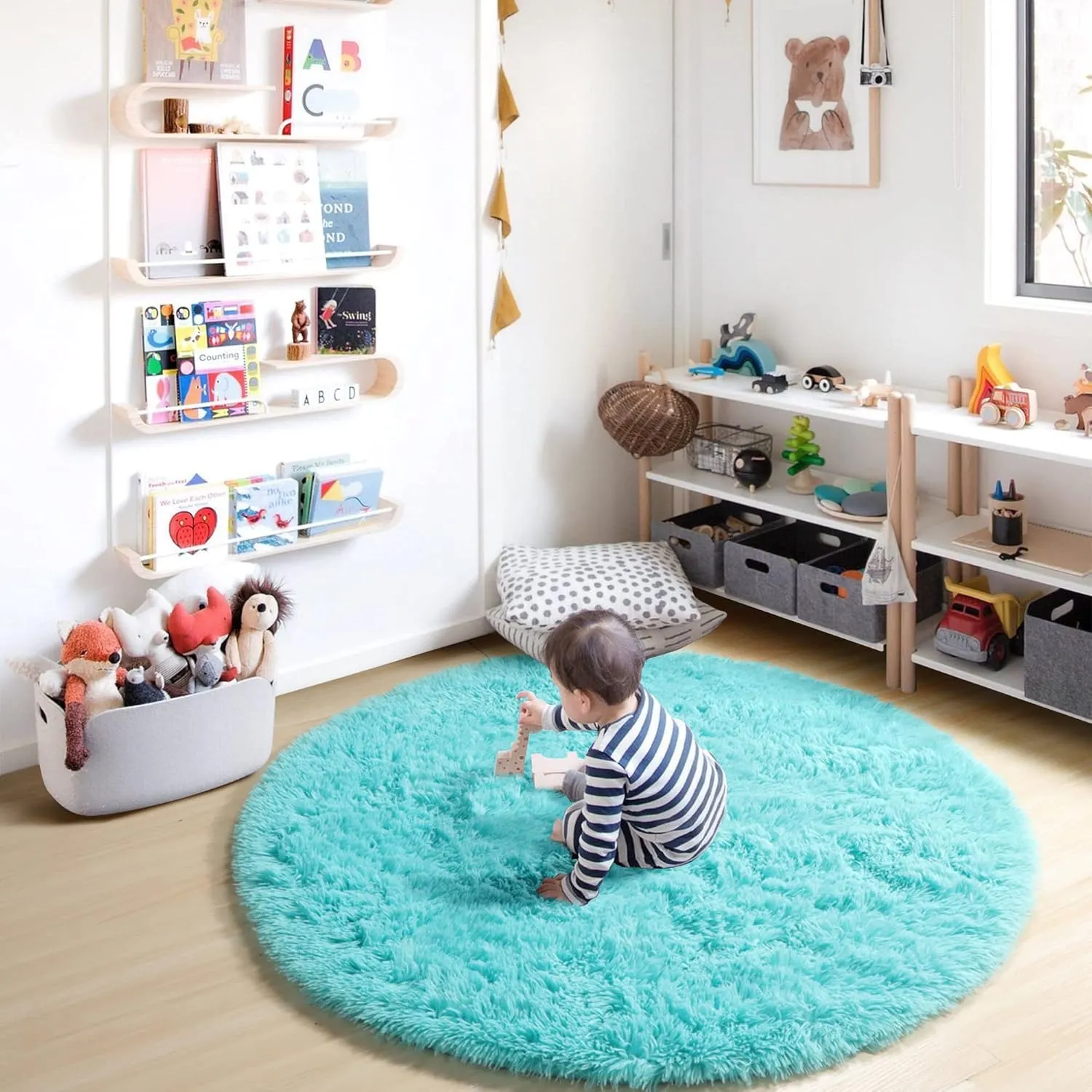 ONASAR Blue Round Area Rug 4ft, Soft Bedroom Circle Rugs Floor Mats for Kids Girls Teen Room, Cute Fluffy Plush Shaggy Carpet for Baby Nursery Living Room Playroom Dorm Home Decor