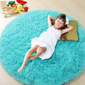ONASAR Blue Round Area Rug 4ft, Soft Bedroom Circle Rugs Floor Mats for Kids Girls Teen Room, Cute Fluffy Plush Shaggy Carpet for Baby Nursery Living Room Playroom Dorm Home Decor