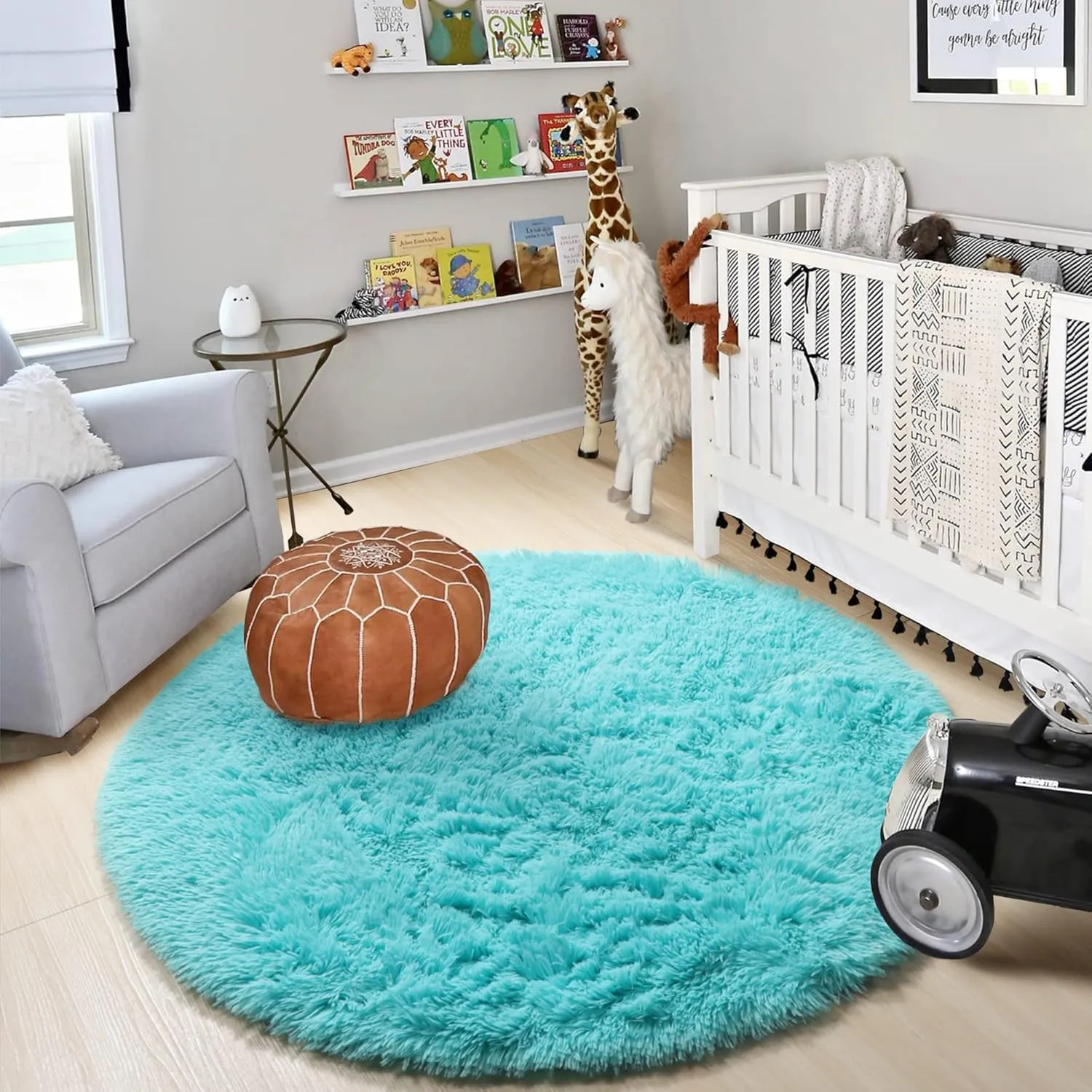 ONASAR Blue Round Area Rug 4ft, Soft Bedroom Circle Rugs Floor Mats for Kids Girls Teen Room, Cute Fluffy Plush Shaggy Carpet for Baby Nursery Living Room Playroom Dorm Home Decor