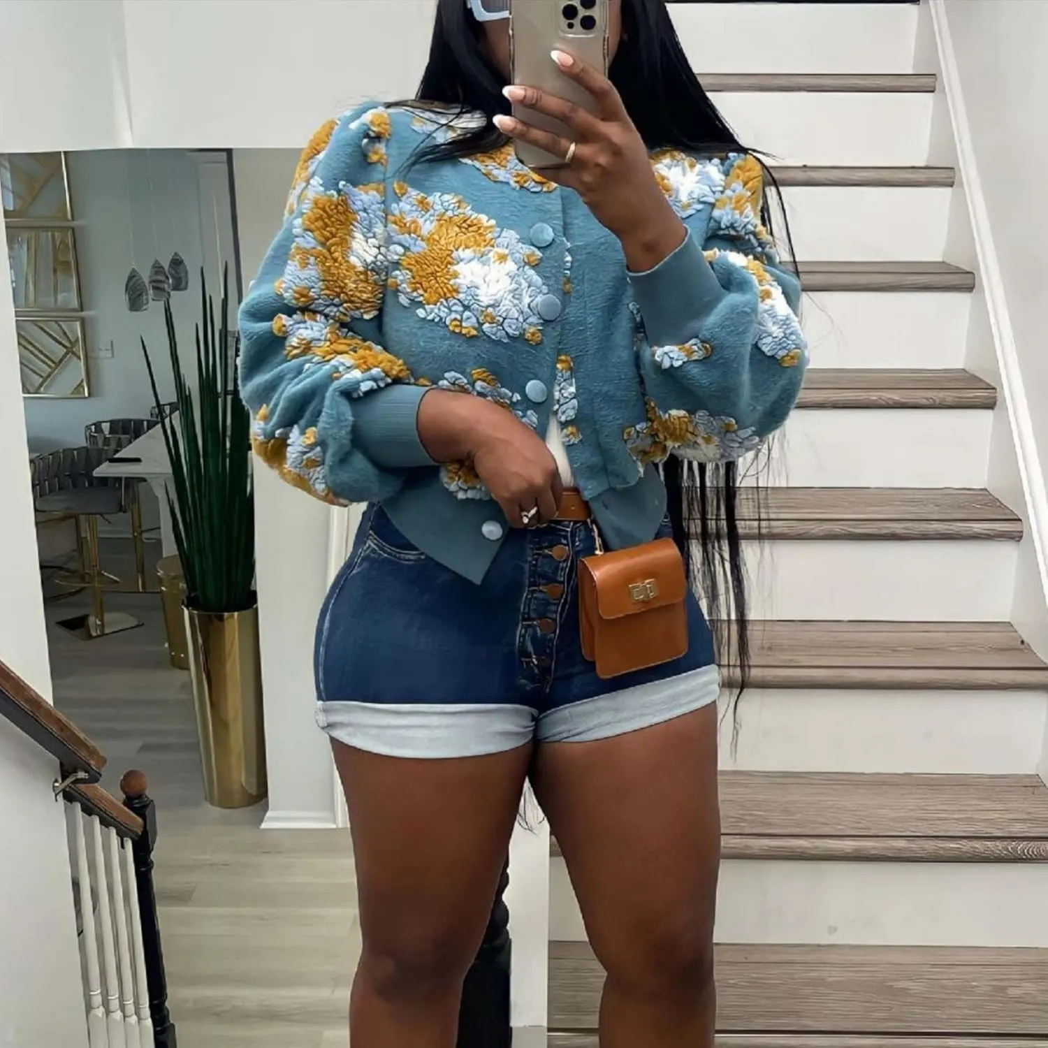 OPCAKM Women's Cropped Floral Print Shacket Jackets Round Neck Long Sleeve Bomber Coat Outerwears