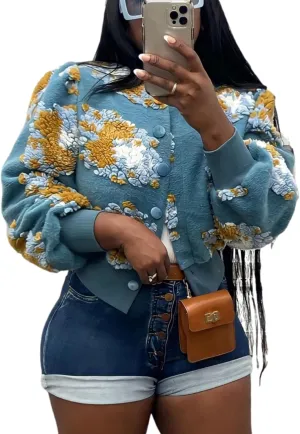 OPCAKM Women's Cropped Floral Print Shacket Jackets Round Neck Long Sleeve Bomber Coat Outerwears