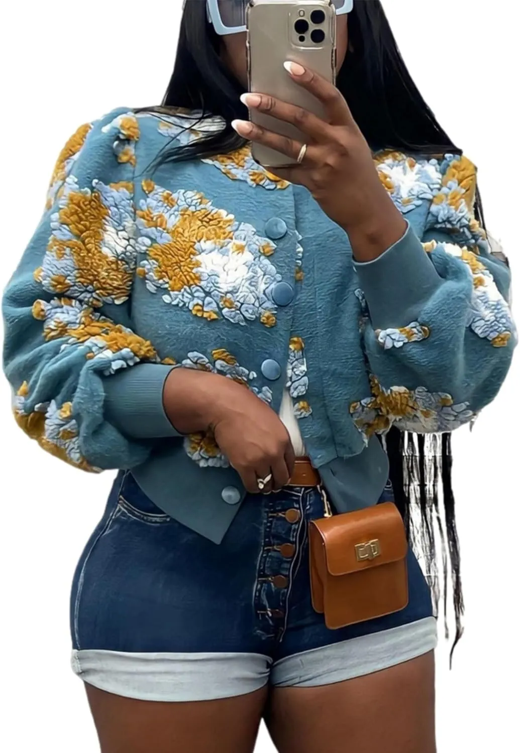 OPCAKM Women's Cropped Floral Print Shacket Jackets Round Neck Long Sleeve Bomber Coat Outerwears