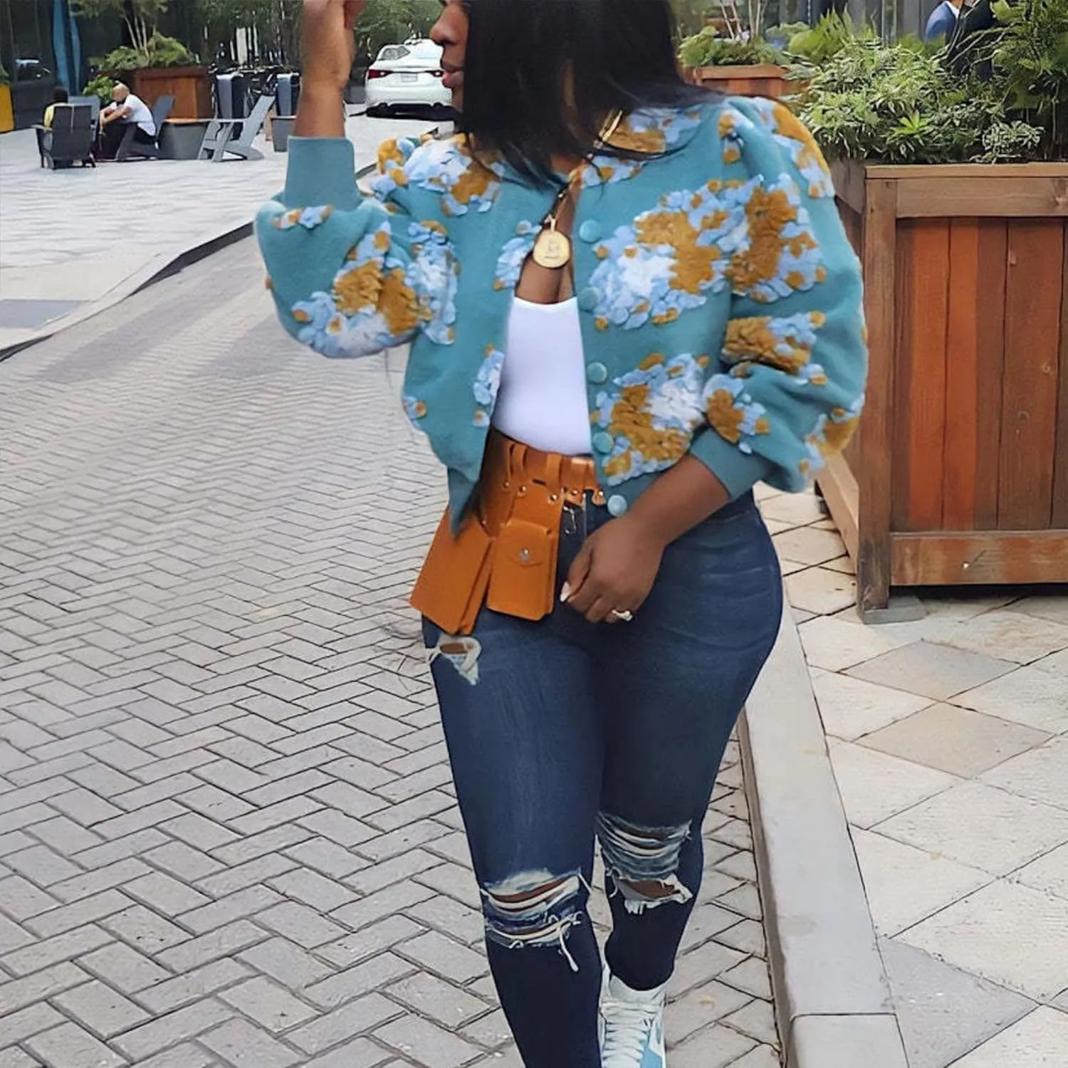 OPCAKM Women's Cropped Floral Print Shacket Jackets Round Neck Long Sleeve Bomber Coat Outerwears