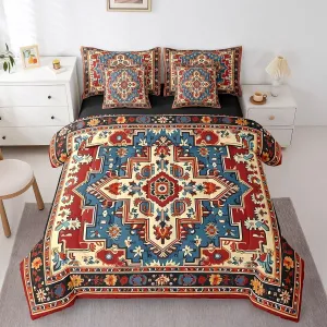 Oriental Bedding Set Vintage Full Comforter Set 7-Piece, Art Deco Floral Bedding Comforter Sets Boho Tribal Bed in a Bag Traditional Aesthetic Bed Sheets Set, Hippie Paisley Mandala Decor Red