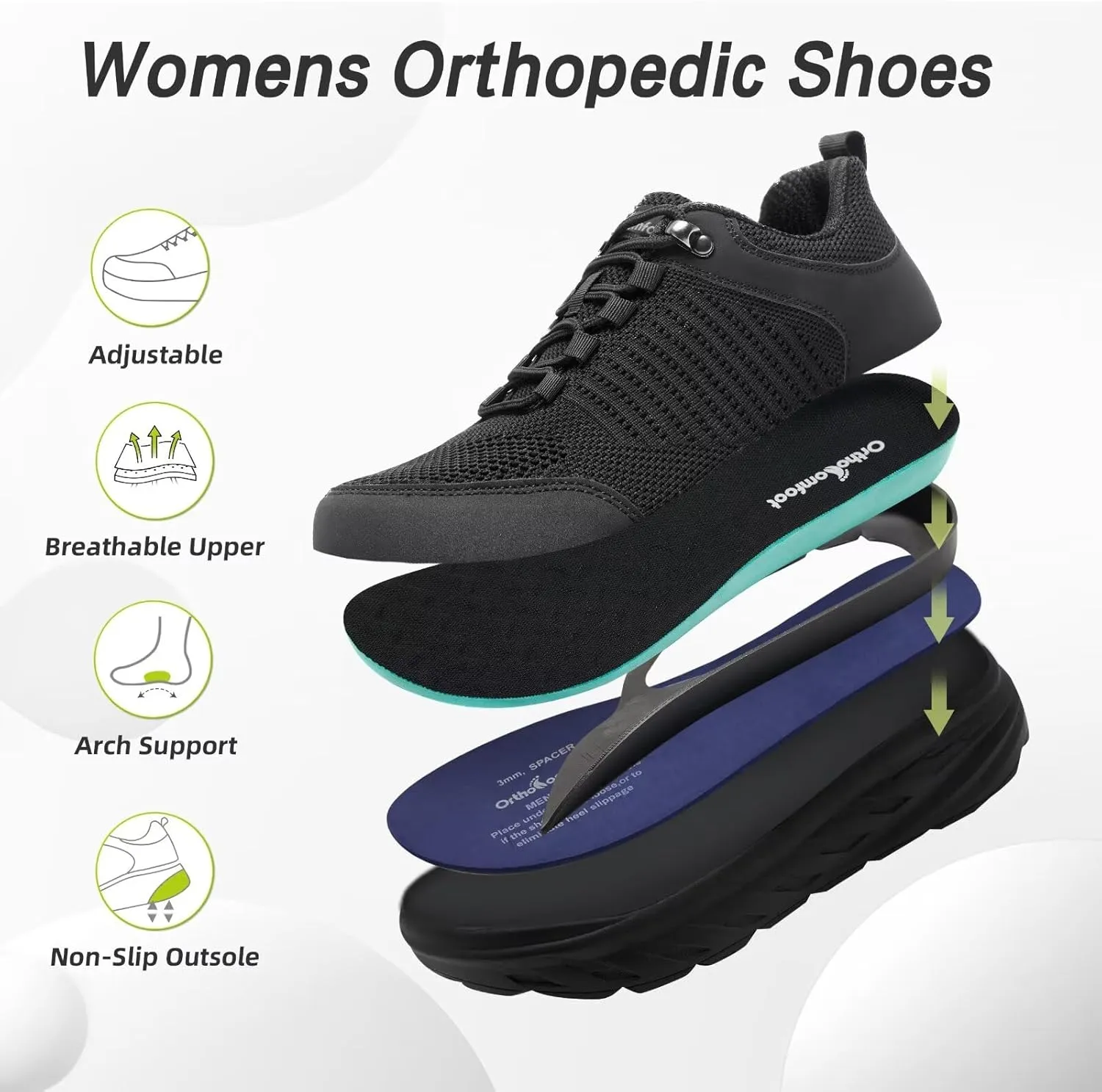 OrthoComfoot Women's Orthopedic Diabetic Wide Walking Shoes: Comfortable Casual Arch Support Plantar Fasciitis Fashion Sneakers, Work Tennis Orthotic High Arch Swollen Feet Shoes for Foot Heel Pain