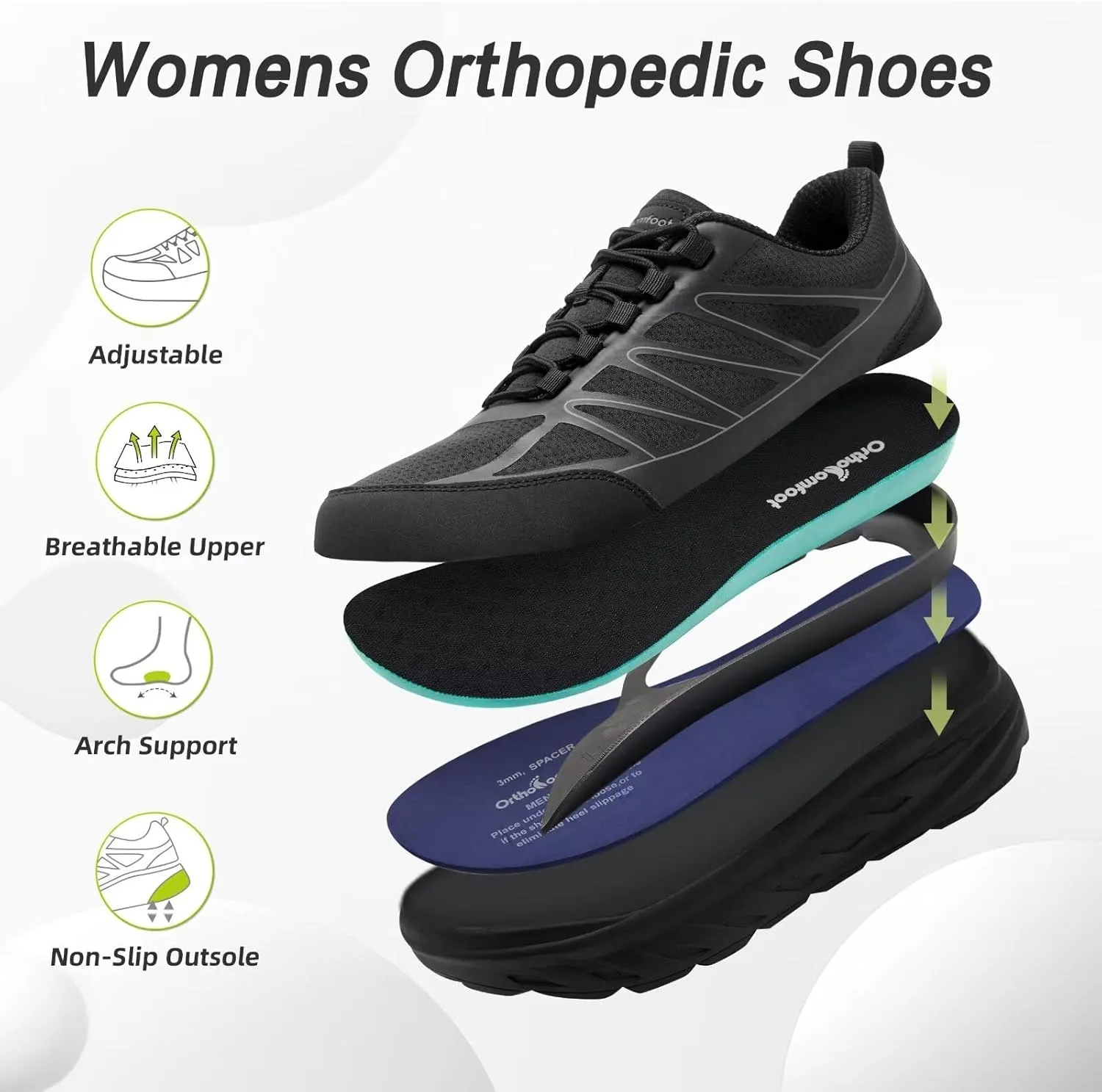 OrthoComfoot Women's Orthopedic Diabetic Wide Walking Shoes: Comfortable Casual Arch Support Plantar Fasciitis Sneakers, Tennis Orthotic High Arch Swollen Feet Work Shoes for Ankle and Heel Pain