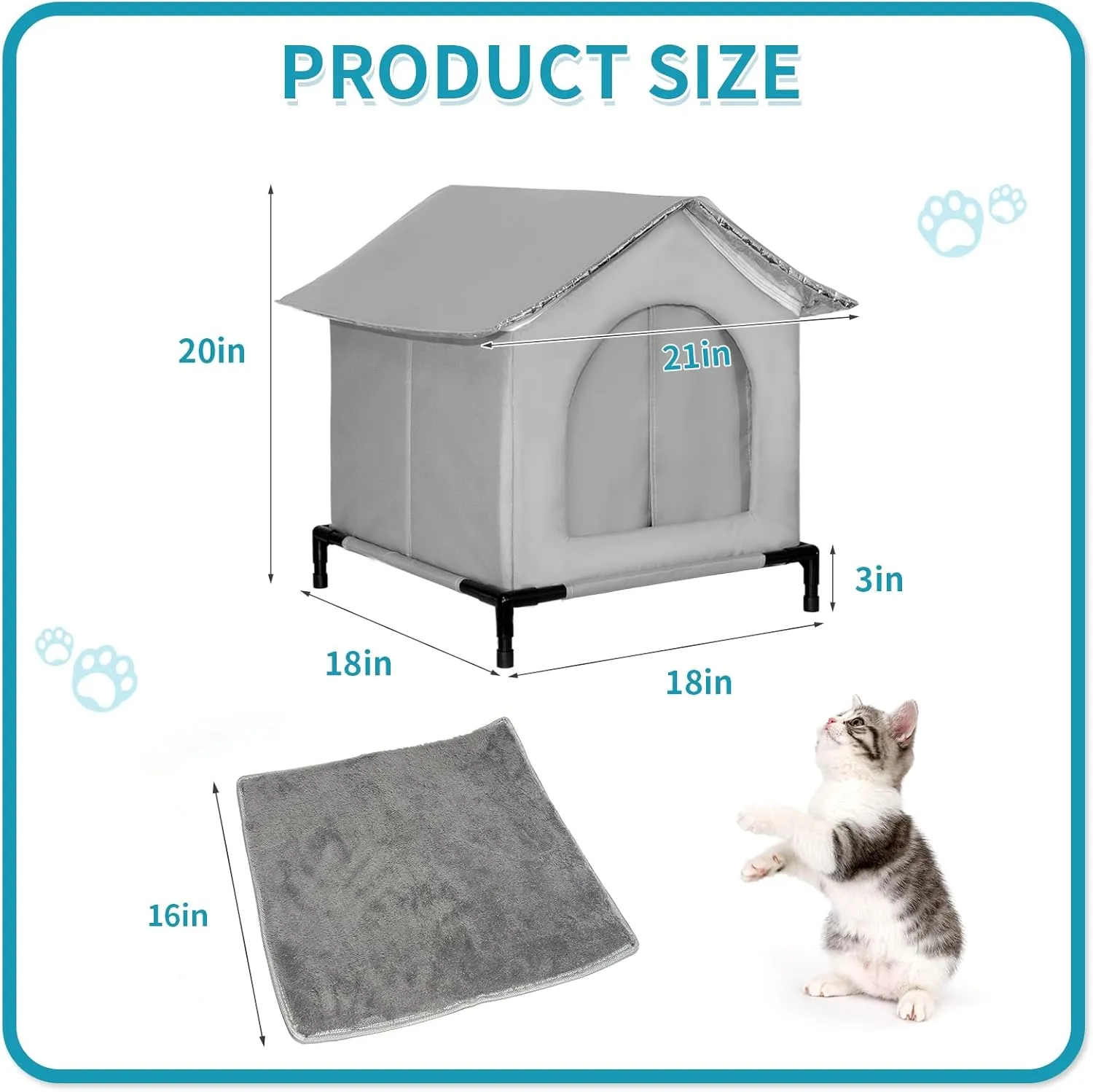 Outdoor Cat House, Weatherproof Cube Cat Shelter, Waterproof Elevated Kitty Pet House with Soft Pad, Extra Roof Cover, Feral Cat House for Outside, Barn, Porch (Unheated)