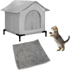 Outdoor Cat House, Weatherproof Cube Cat Shelter, Waterproof Elevated Kitty Pet House with Soft Pad, Extra Roof Cover, Feral Cat House for Outside, Barn, Porch (Unheated)