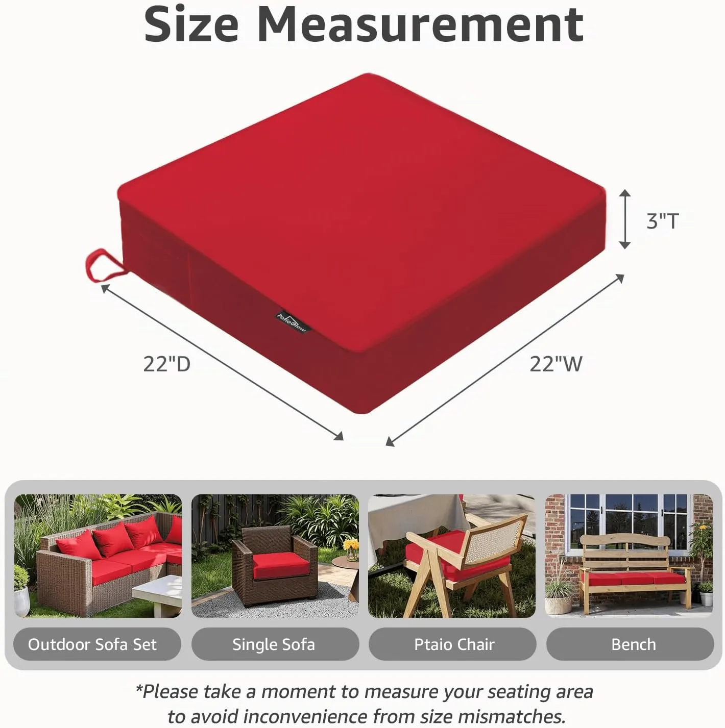Outdoor Chair Cushions 22 x 22 x 3 Inch, Waterproof & Fade Resistant Patio Seat Cushion for Furniture with Handle and Ties, Thick Seating Pads for Outside Sofa Couch Set of 2, Red