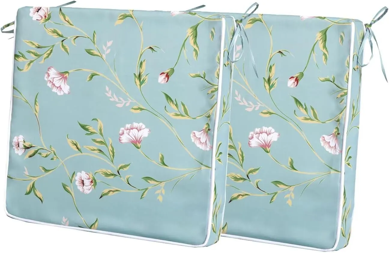 Outdoor Chair Cushions Set of 2, Waterproof Outdoor Seat Cushions for Patio Furniture, Patio Chair Cushion with Ties, Square Out Door Chair Pads,19" X 19" X 3", Green Floral