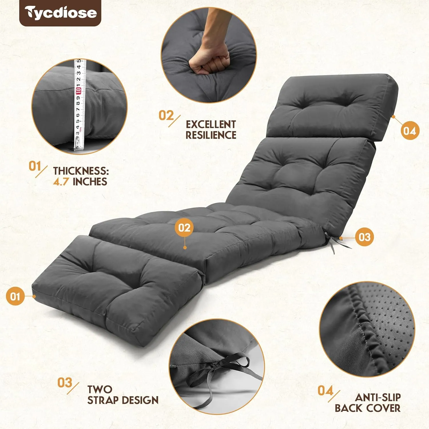 Outdoor Chaise Lounge Chair Cushion Waterproof 74.4 x 22 x 4.7 Inches Memory Foam Lounge Chair Cushions Replacement for Outdoor Furniture with Ties, Thickened Pool Lounge Chair Cushions, Grey