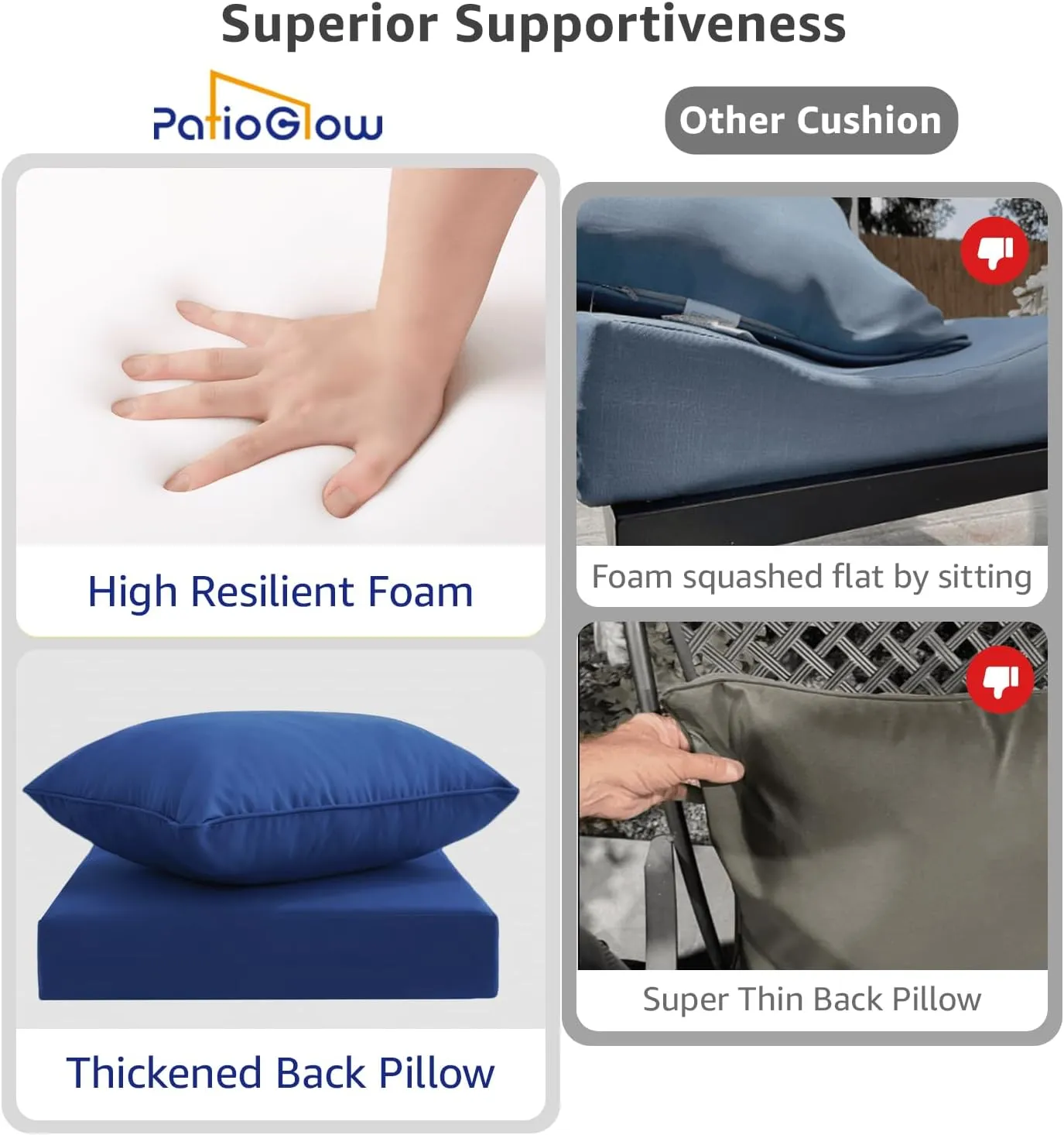 Outdoor Seat Cushion Set 22 x 22 x 4 Inch, Waterproof & Fade Resistant Patio Furniture Cushions with Removable Cover and Ties, Thick Deep Seating Pads for Outside Chair Sofa Couch, Blue