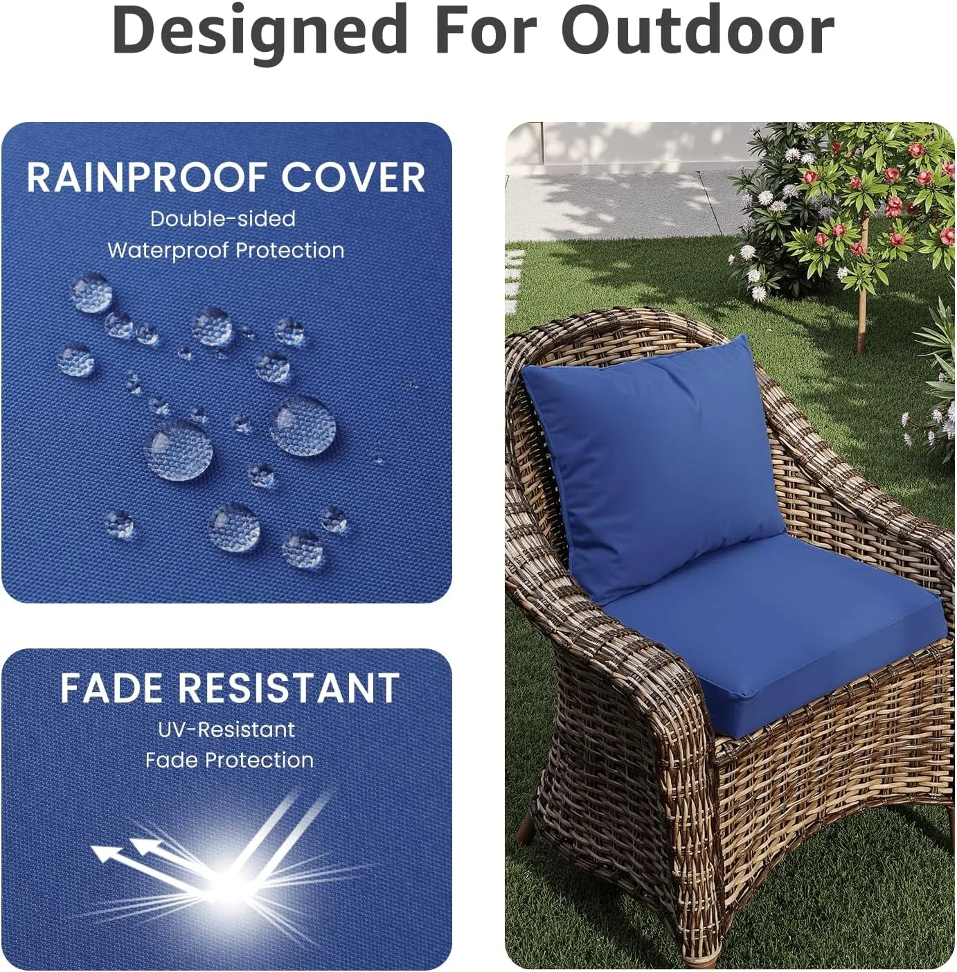 Outdoor Seat Cushion Set 22 x 22 x 4 Inch, Waterproof & Fade Resistant Patio Furniture Cushions with Removable Cover and Ties, Thick Deep Seating Pads for Outside Chair Sofa Couch, Blue