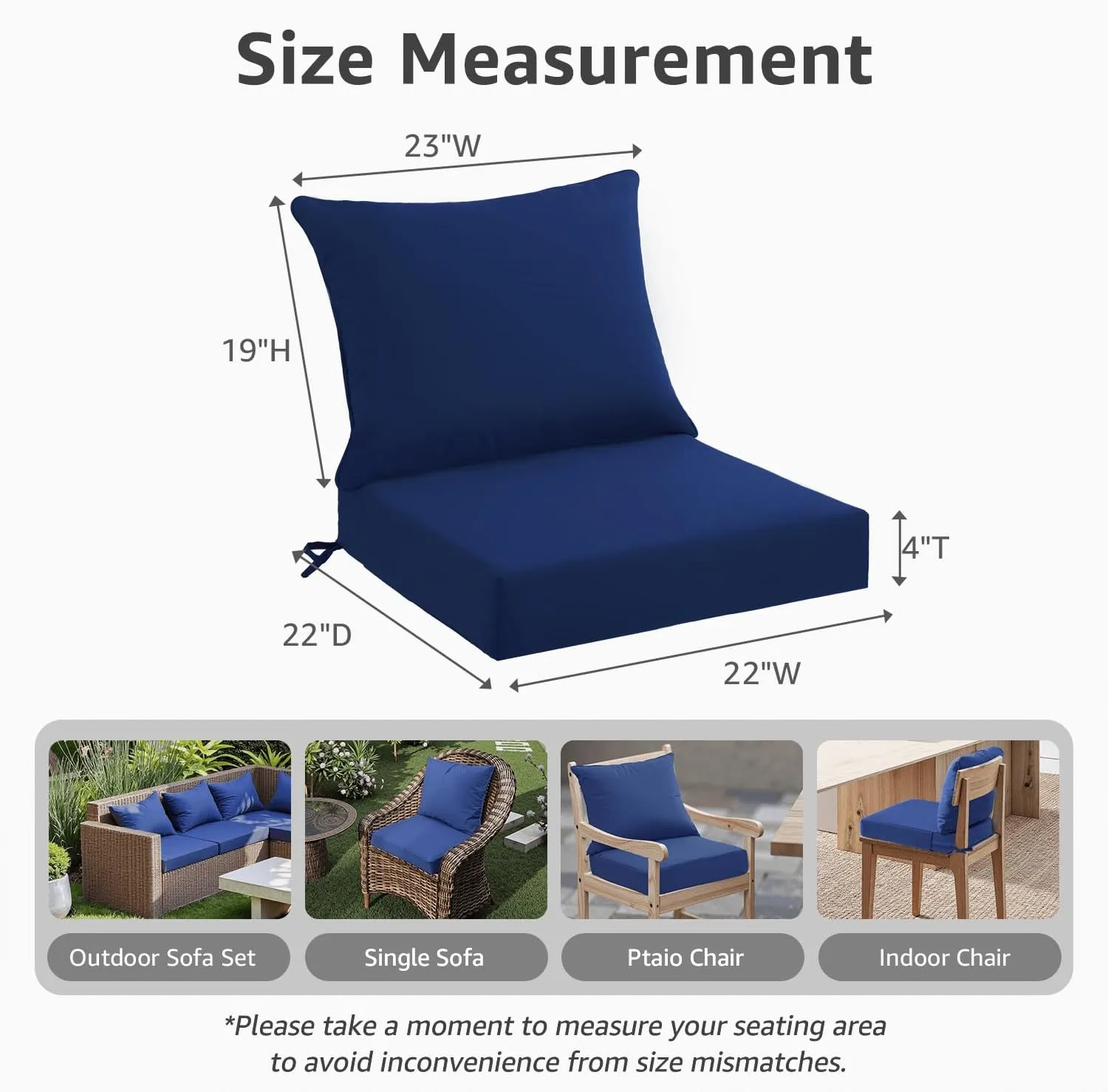 Outdoor Seat Cushion Set 22 x 22 x 4 Inch, Waterproof & Fade Resistant Patio Furniture Cushions with Removable Cover and Ties, Thick Deep Seating Pads for Outside Chair Sofa Couch, Blue