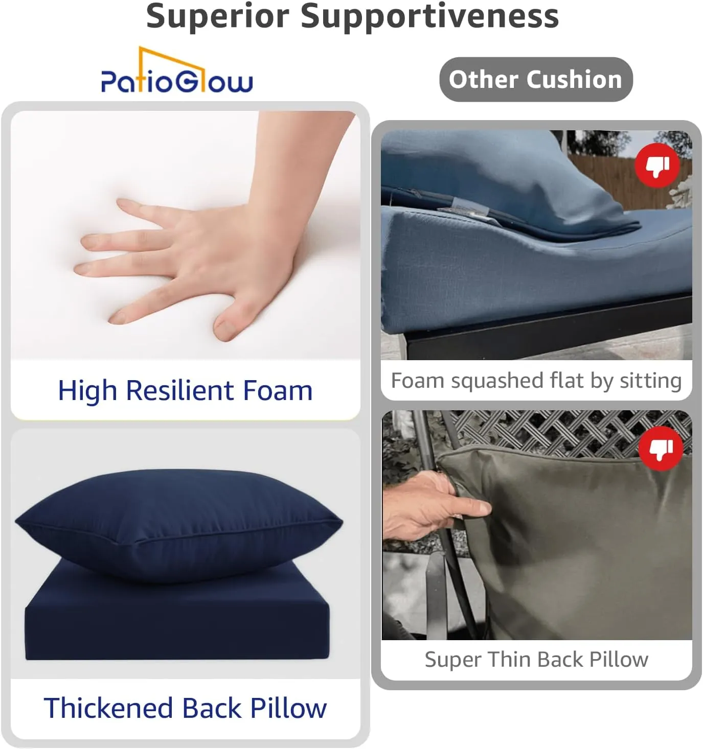 Outdoor Seat Cushion Set 22 x 24 x 4 Inch, Waterproof & Fade Resistant Patio Furniture Cushions with Removable Cover and Ties, Thick Deep Seating Pads for Outside Chair Sofa Couch, Dark Blue