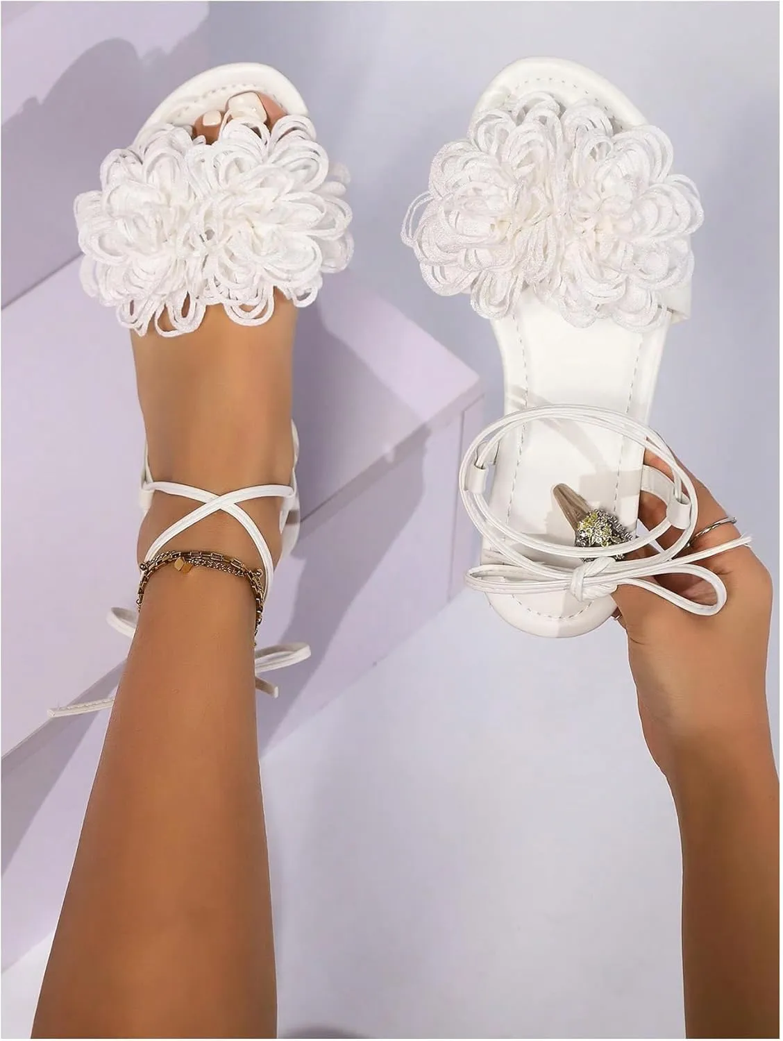 OYOANGLE Women's Appliques Criss Cross Lace Up Flat Sandals Open Toe Elegant Wedding Sandals