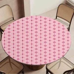 Pale Pink Round Tablecloth with Elastic Edge Flower Petals on Square Striped Girls Soft-Touch Fitted Table Cloth, Waterproof Oil-Proof Table Cover Abstract Fit for 44"-47" Table