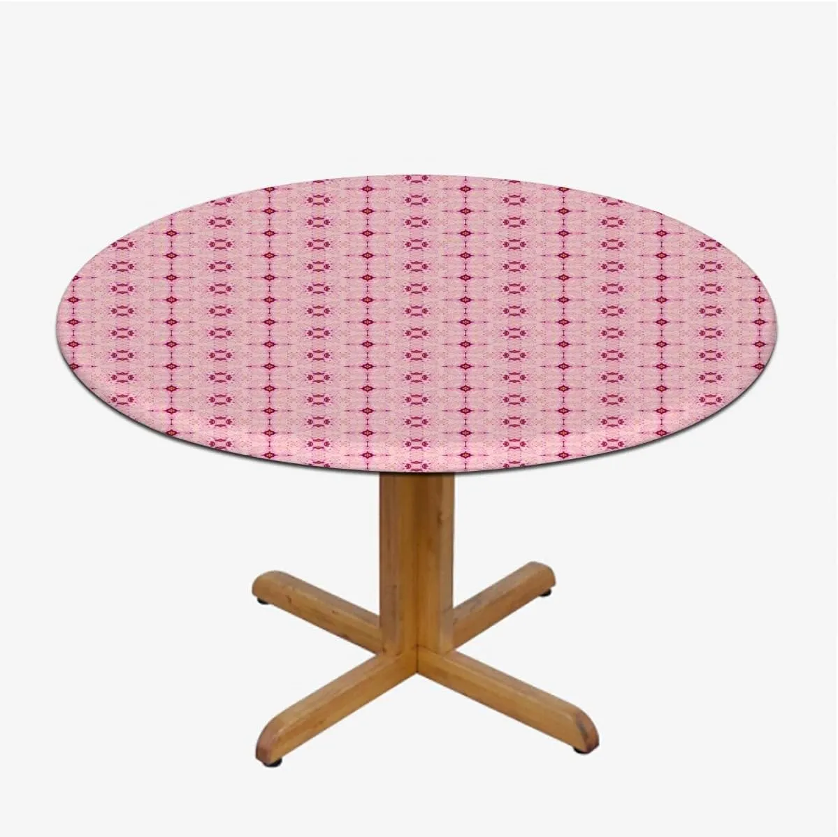 Pale Pink Round Tablecloth with Elastic Edge Flower Petals on Square Striped Girls Soft-Touch Fitted Table Cloth, Waterproof Oil-Proof Table Cover Abstract Fit for 44"-47" Table