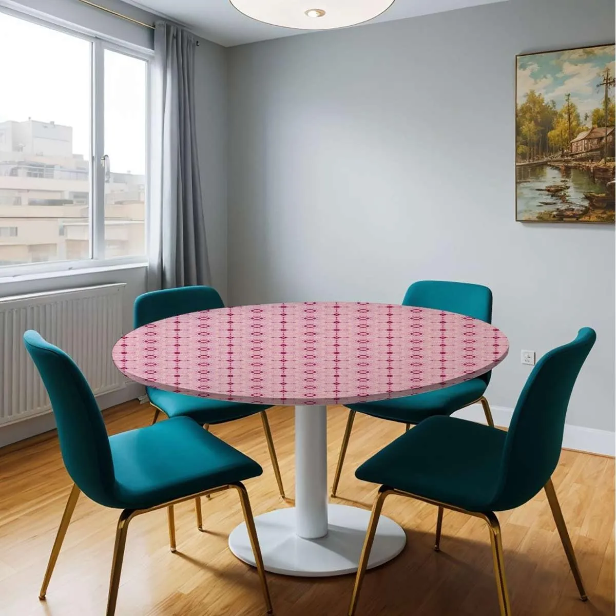 Pale Pink Round Tablecloth with Elastic Edge Flower Petals on Square Striped Girls Soft-Touch Fitted Table Cloth, Waterproof Oil-Proof Table Cover Abstract Fit for 44"-47" Table
