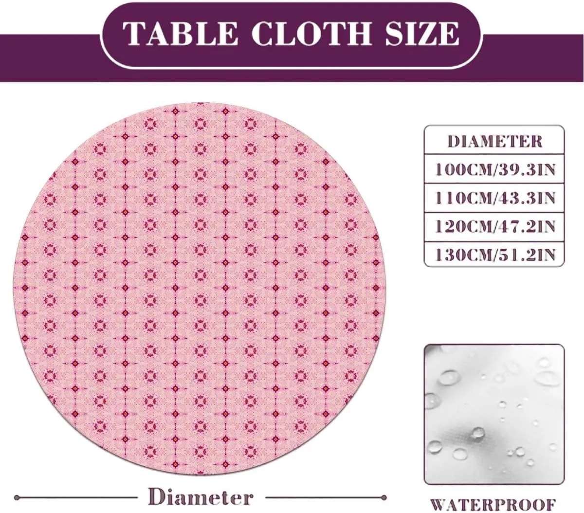 Pale Pink Round Tablecloth with Elastic Edge Flower Petals on Square Striped Girls Soft-Touch Fitted Table Cloth, Waterproof Oil-Proof Table Cover Abstract Fit for 44"-47" Table