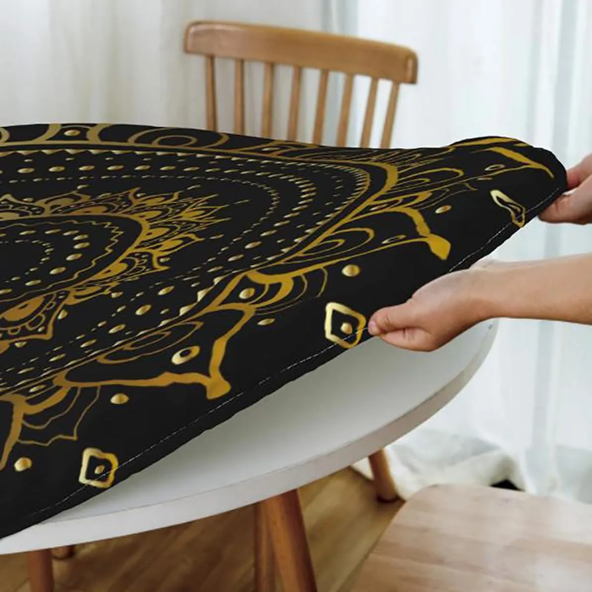 Pale Pink Round Tablecloth with Elastic Edge Flower Petals on Square Striped Girls Soft-Touch Fitted Table Cloth, Waterproof Oil-Proof Table Cover Abstract Fit for 44"-47" Table