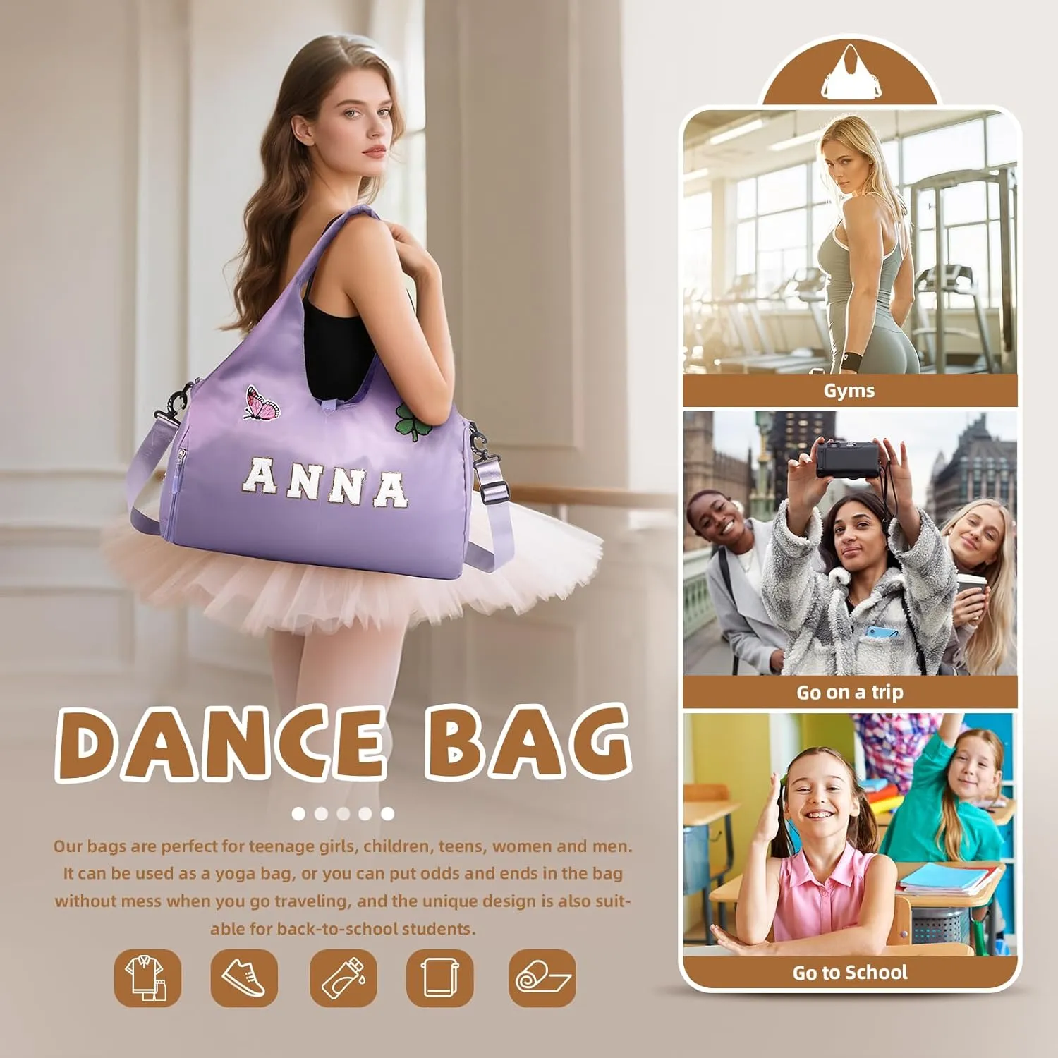 Personalized Duffel Bag with Name – Custom Travel Gym Bag for Women & Men – Waterproof Oxford Weekender Bag – Carry-On Overnight Bag for Sports, Gifts, Travel, Groomsmen (Purple)