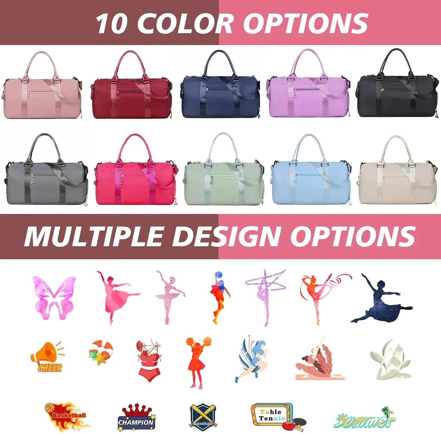 Personalized Embroidered Duffel Bag, Custom Sports Gym Bag with Name for Man Women, Girls Dance Bag Weekend Bag Travel Bag - with Shoulder Strap & Wet Dry Pockets & Shoe Compartment - Rose Pink
