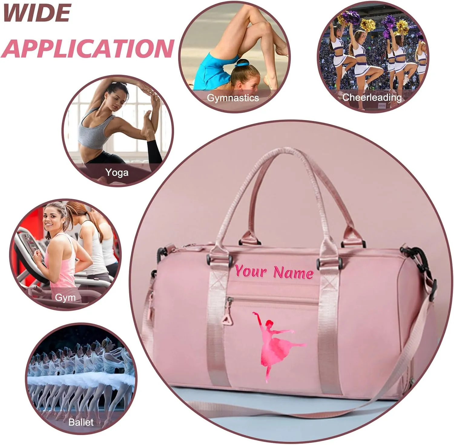 Personalized Embroidered Duffel Bag, Custom Sports Gym Bag with Name for Man Women, Girls Dance Bag Weekend Bag Travel Bag - with Shoulder Strap & Wet Dry Pockets & Shoe Compartment - Rose Pink