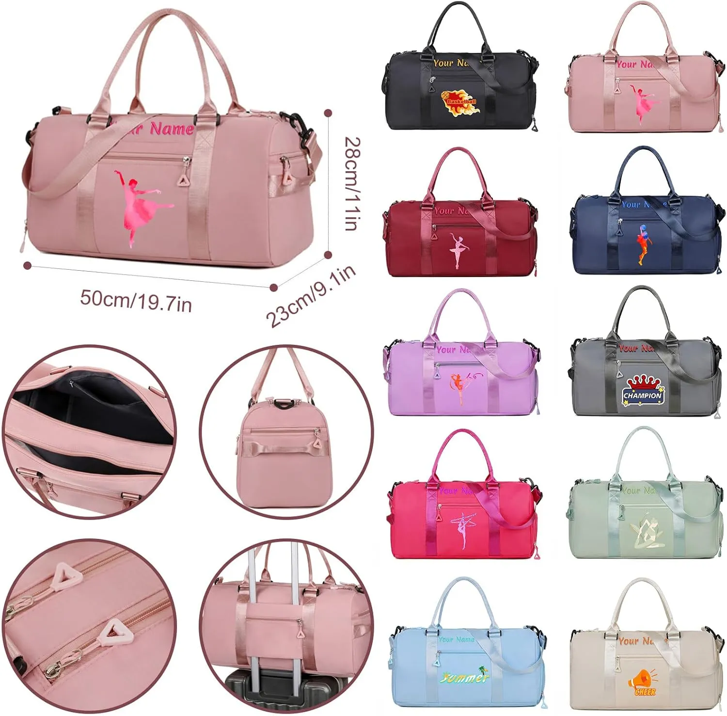 Personalized Embroidered Duffel Bag, Custom Sports Gym Bag with Name for Man Women, Girls Dance Bag Weekend Bag Travel Bag - with Shoulder Strap & Wet Dry Pockets & Shoe Compartment - Rose Pink