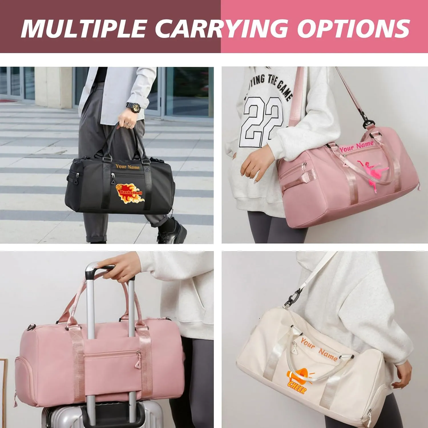 Personalized Embroidered Duffel Bag, Custom Sports Gym Bag with Name for Man Women, Girls Dance Bag Weekend Bag Travel Bag - with Shoulder Strap & Wet Dry Pockets & Shoe Compartment - Rose Pink