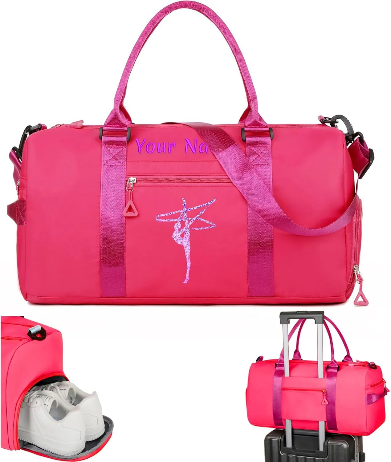 Personalized Embroidered Duffel Bag, Custom Sports Gym Bag with Name for Man Women, Girls Dance Bag Weekend Bag Travel Bag - with Shoulder Strap & Wet Dry Pockets & Shoe Compartment - Rose Pink