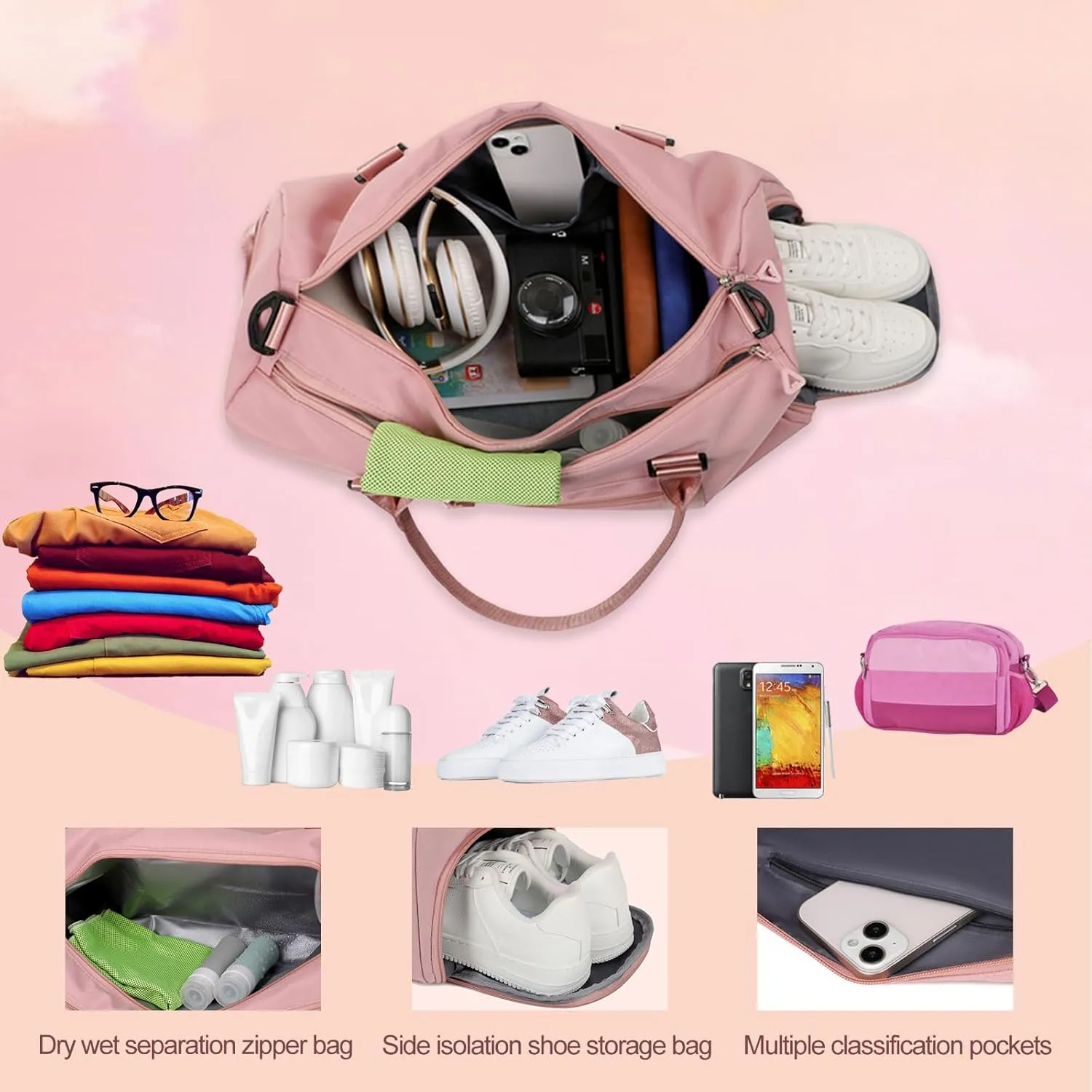 Personalized Embroidered Duffel Bag, Custom Sports Gym Bag with Name for Man Women, Girls Dance Bag Weekend Bag Travel Bag - with Shoulder Strap & Wet Dry Pockets & Shoe Compartment - Rose Pink