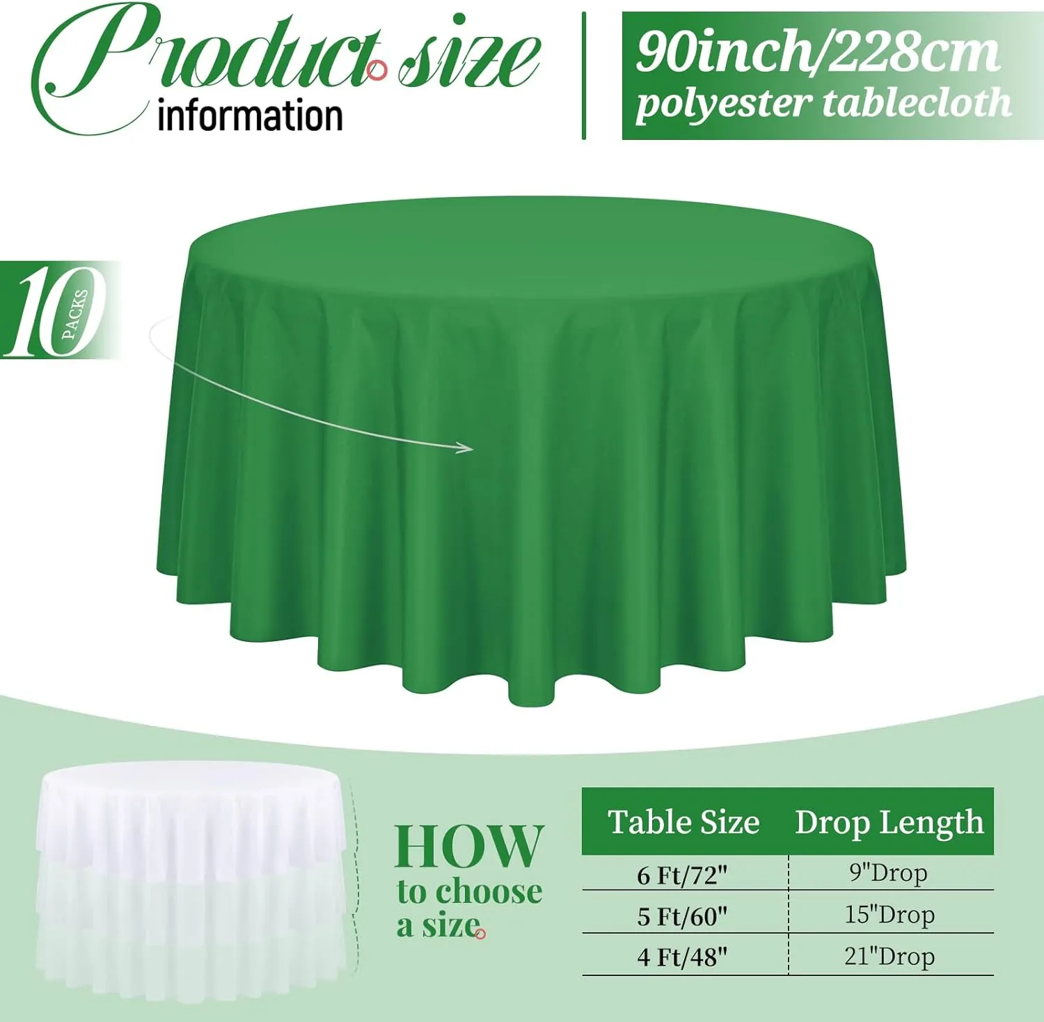 Pesonlook 10 Pack Green Round Tablecloths 90 Inch, Polyester Spring Easter Table Cloth Circle Bulk Linen Stain and Wrinkle Resistant Washable Table Cloth for Wedding Party Dining Banquet