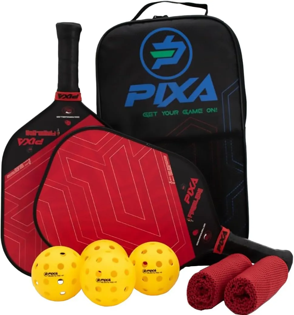 PIXA Fireblade 16mm Fiberglass/Grit Pickleball Paddle Set of 2, w/ 4 Balls and 2 Cooling Towels, Bag; with Grit/Spin!, 16mm, Beginner Racket/Intermediate Racquet, Great Gift!