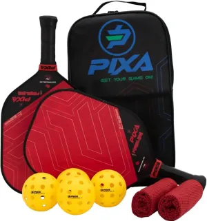 PIXA Fireblade 16mm Fiberglass/Grit Pickleball Paddle Set of 2, w/ 4 Balls and 2 Cooling Towels, Bag; with Grit/Spin!, 16mm, Beginner Racket/Intermediate Racquet, Great Gift!