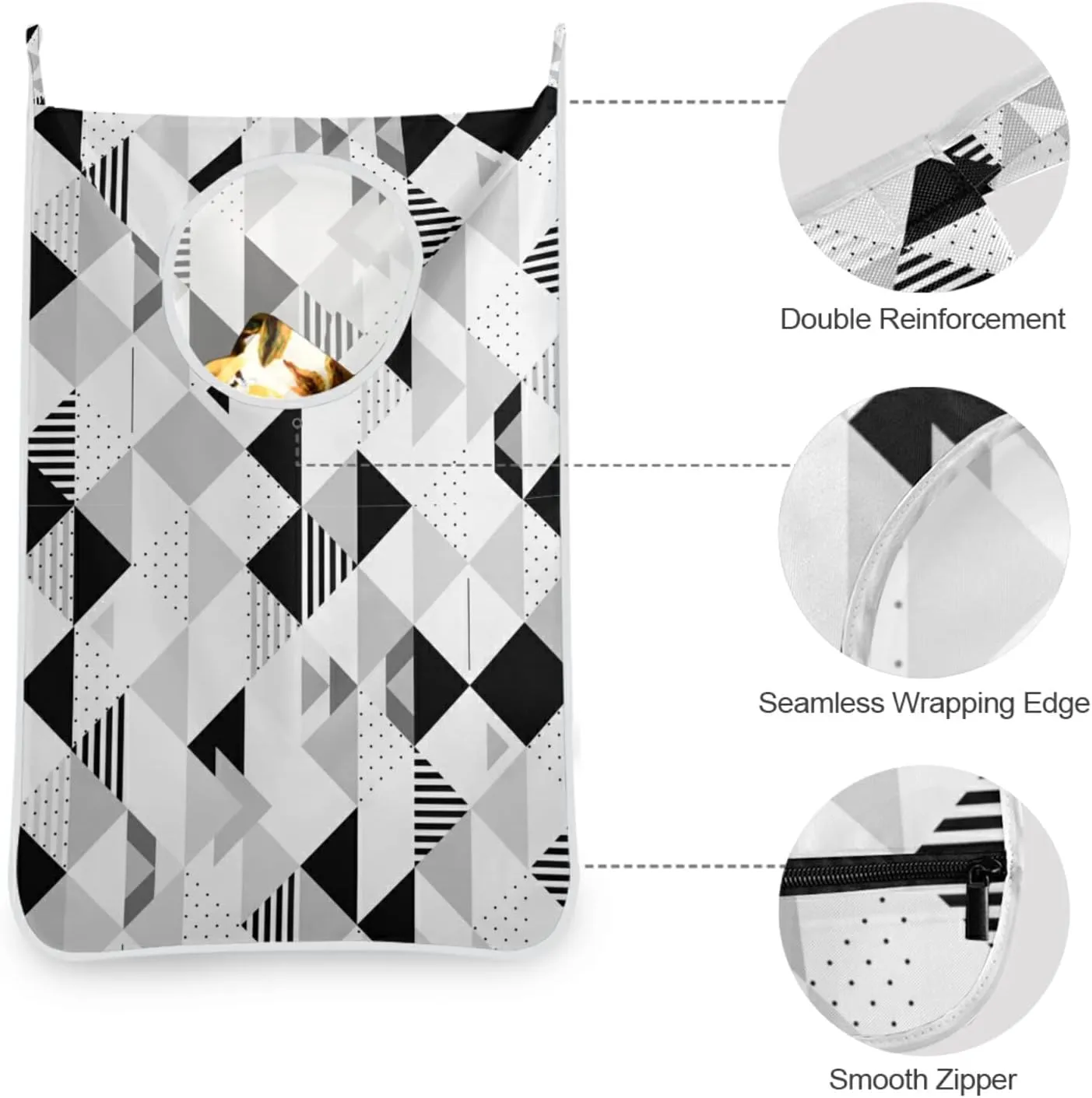 Poeticcity Black and White Triangles, Black Polka Dots Geometric Pattern Hanging Laundry Hamper Bag, Dirty Clothes Bag Over The Door, Wall Cloth Basket with Hooks Storage Closet for Bathroom Bedroom