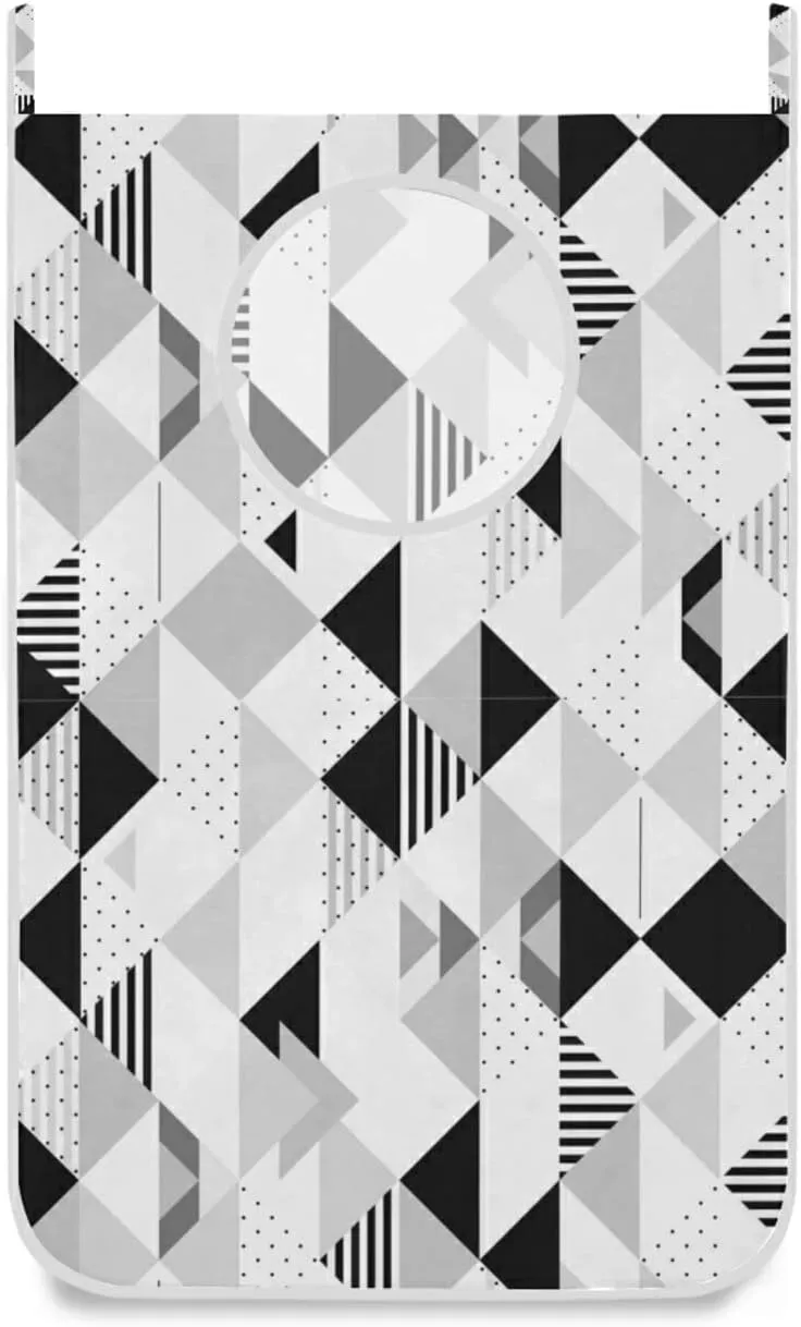 Poeticcity Black and White Triangles, Black Polka Dots Geometric Pattern Hanging Laundry Hamper Bag, Dirty Clothes Bag Over The Door, Wall Cloth Basket with Hooks Storage Closet for Bathroom Bedroom