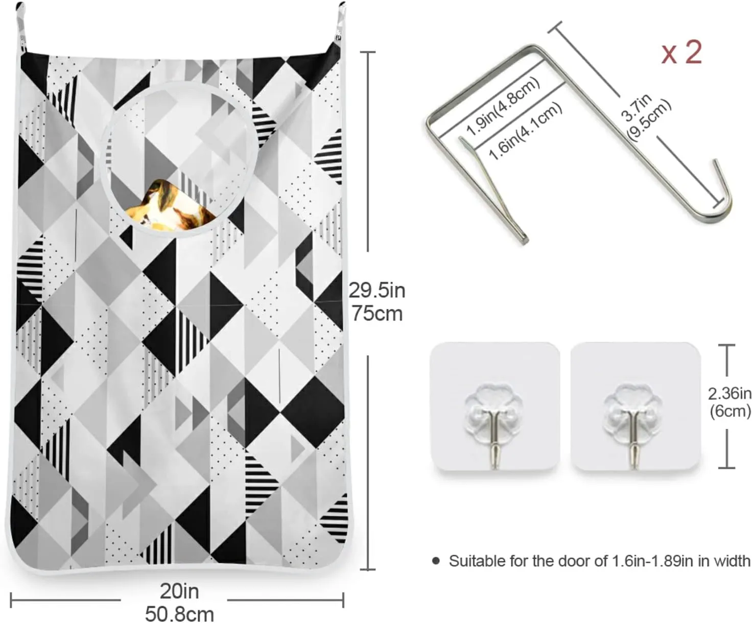 Poeticcity Black and White Triangles, Black Polka Dots Geometric Pattern Hanging Laundry Hamper Bag, Dirty Clothes Bag Over The Door, Wall Cloth Basket with Hooks Storage Closet for Bathroom Bedroom