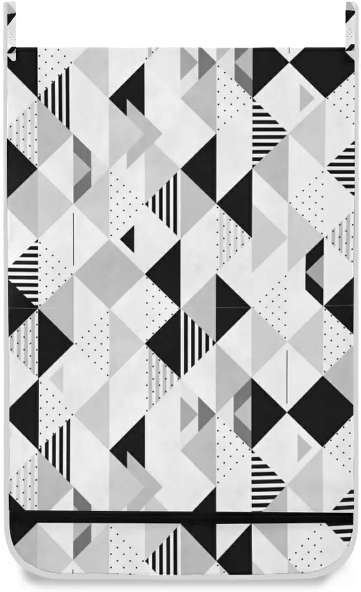 Poeticcity Black and White Triangles, Black Polka Dots Geometric Pattern Hanging Laundry Hamper Bag, Dirty Clothes Bag Over The Door, Wall Cloth Basket with Hooks Storage Closet for Bathroom Bedroom