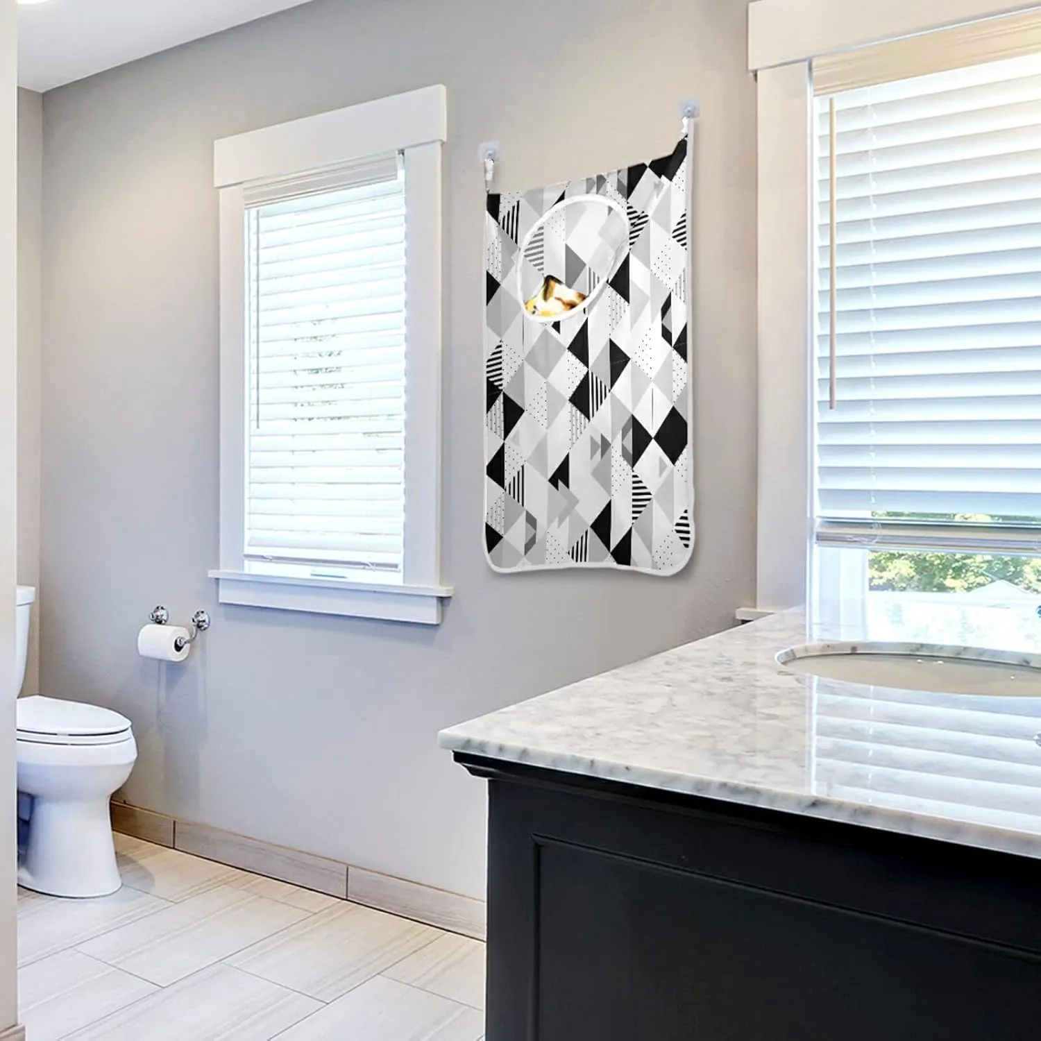 Poeticcity Black and White Triangles, Black Polka Dots Geometric Pattern Hanging Laundry Hamper Bag, Dirty Clothes Bag Over The Door, Wall Cloth Basket with Hooks Storage Closet for Bathroom Bedroom