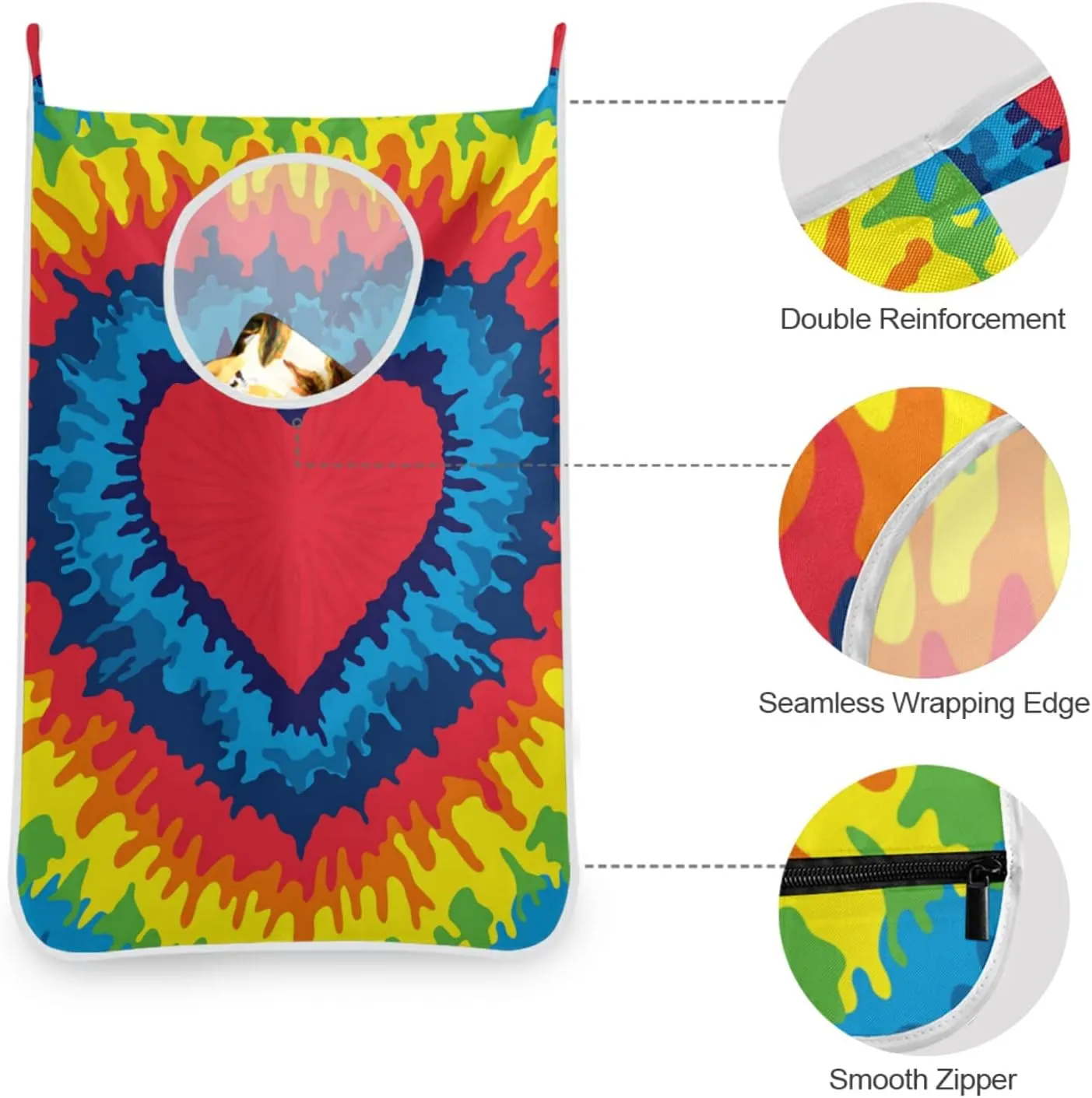 Poeticcity Colorful Heart, Love, Rainbow Tie Dye Background Hanging Laundry Hamper Bag, Dirty Clothes Bag Over The Door, Wall Cloth Basket with Hooks Storage Closet for Bathroom Bedroom