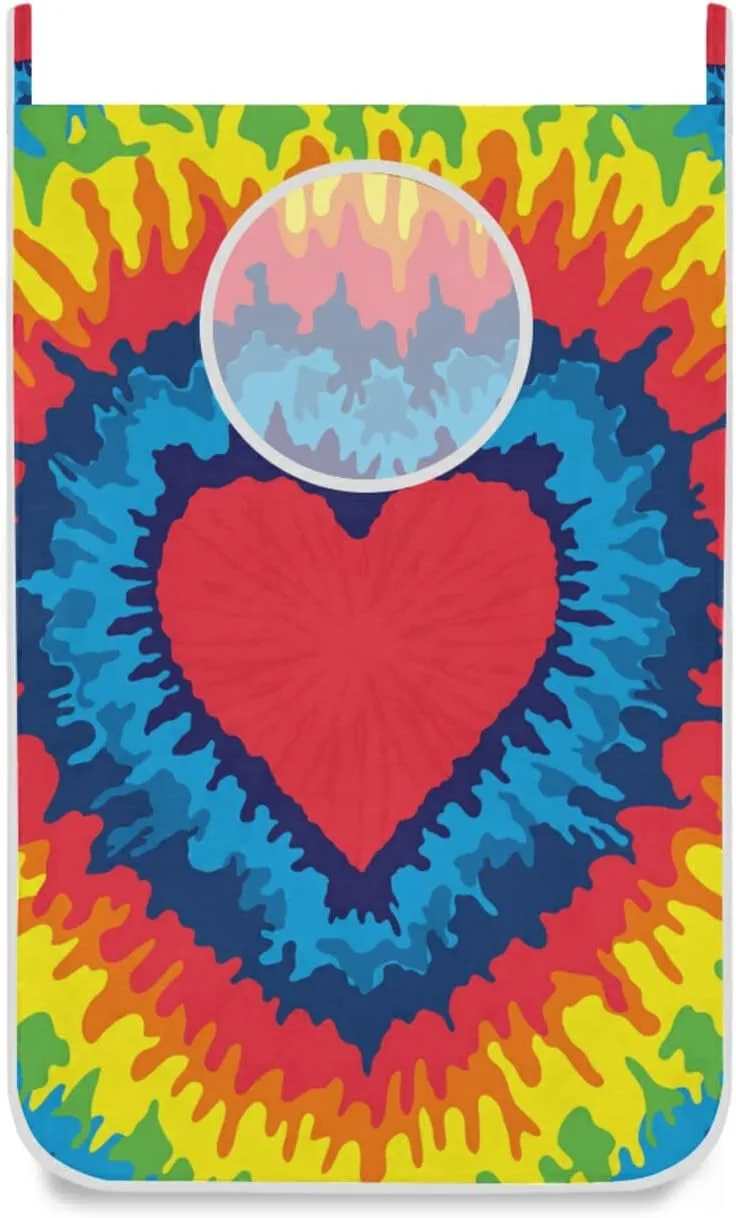 Poeticcity Colorful Heart, Love, Rainbow Tie Dye Background Hanging Laundry Hamper Bag, Dirty Clothes Bag Over The Door, Wall Cloth Basket with Hooks Storage Closet for Bathroom Bedroom