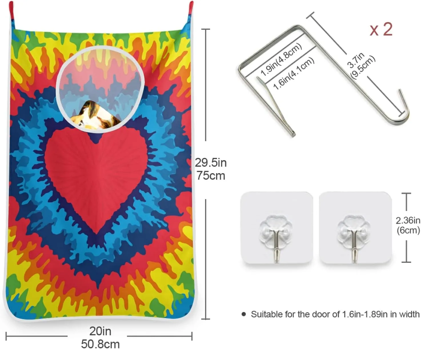Poeticcity Colorful Heart, Love, Rainbow Tie Dye Background Hanging Laundry Hamper Bag, Dirty Clothes Bag Over The Door, Wall Cloth Basket with Hooks Storage Closet for Bathroom Bedroom