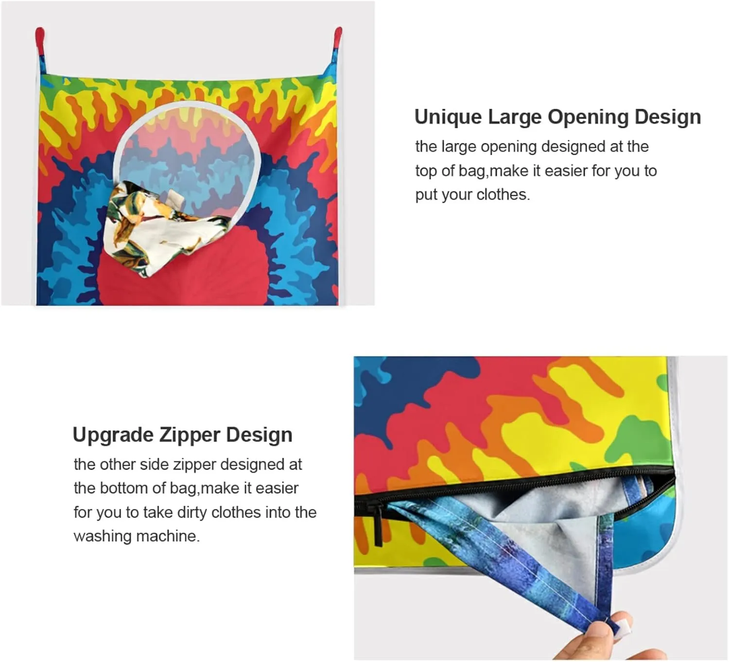 Poeticcity Colorful Heart, Love, Rainbow Tie Dye Background Hanging Laundry Hamper Bag, Dirty Clothes Bag Over The Door, Wall Cloth Basket with Hooks Storage Closet for Bathroom Bedroom