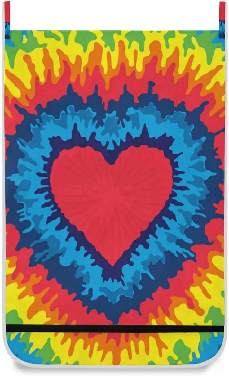 Poeticcity Colorful Heart, Love, Rainbow Tie Dye Background Hanging Laundry Hamper Bag, Dirty Clothes Bag Over The Door, Wall Cloth Basket with Hooks Storage Closet for Bathroom Bedroom